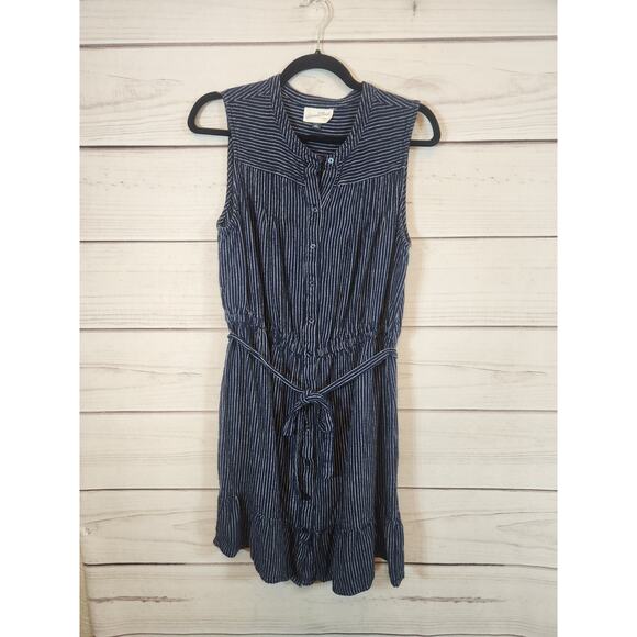 Universal Thread Women's Blue White Stripe Sleeveless Tiered Belted Mini Dress L - Picture 1 of 6